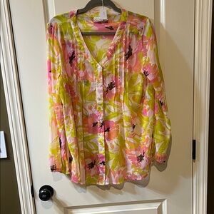 Floral Button-Front V-Neck Blouse in Pink & Lime C667 💐💐💐💐